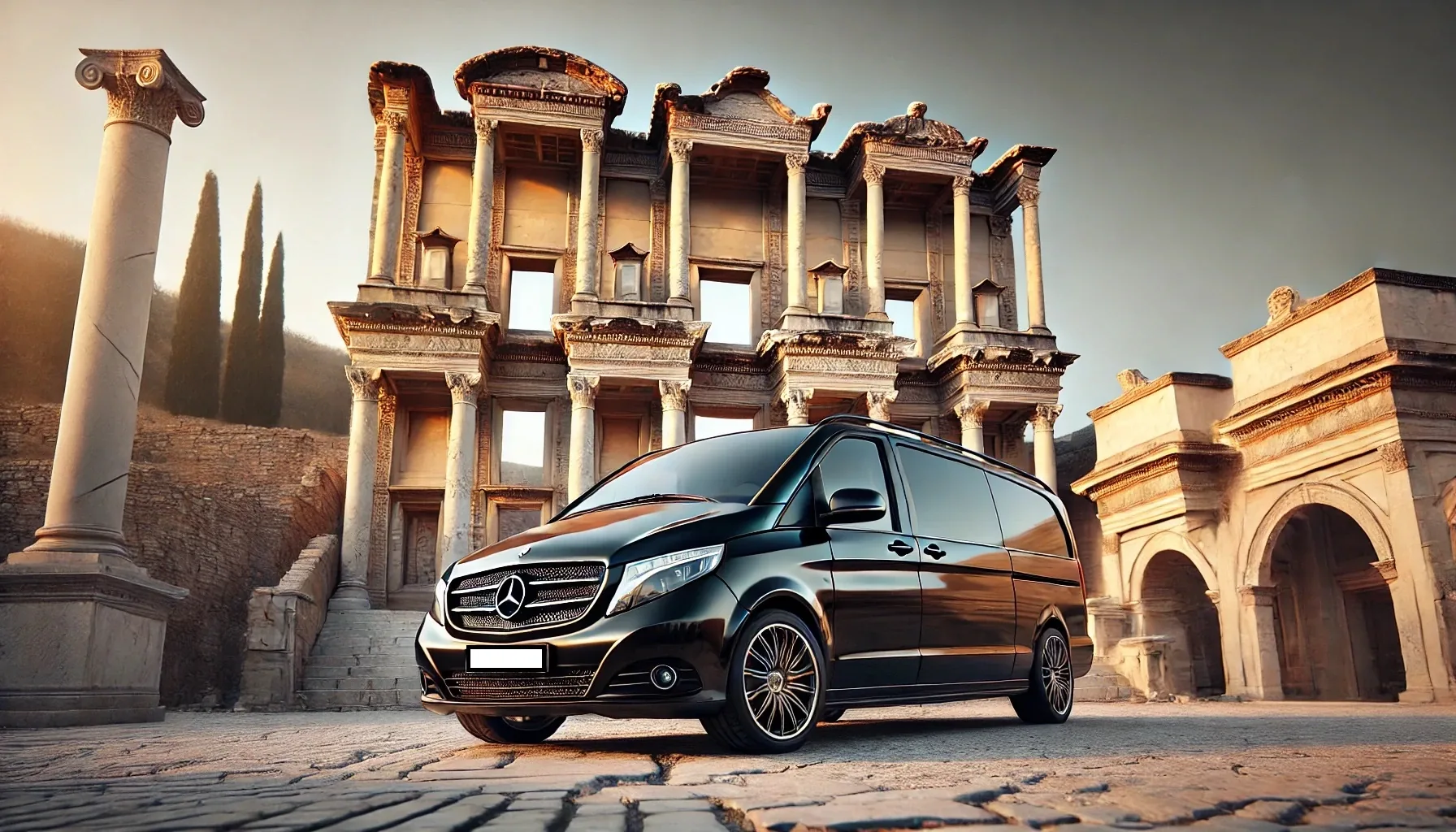 Efes Antik Kenti Celsus Kütüphanesi önünde siyah Mercedes-Benz Vito